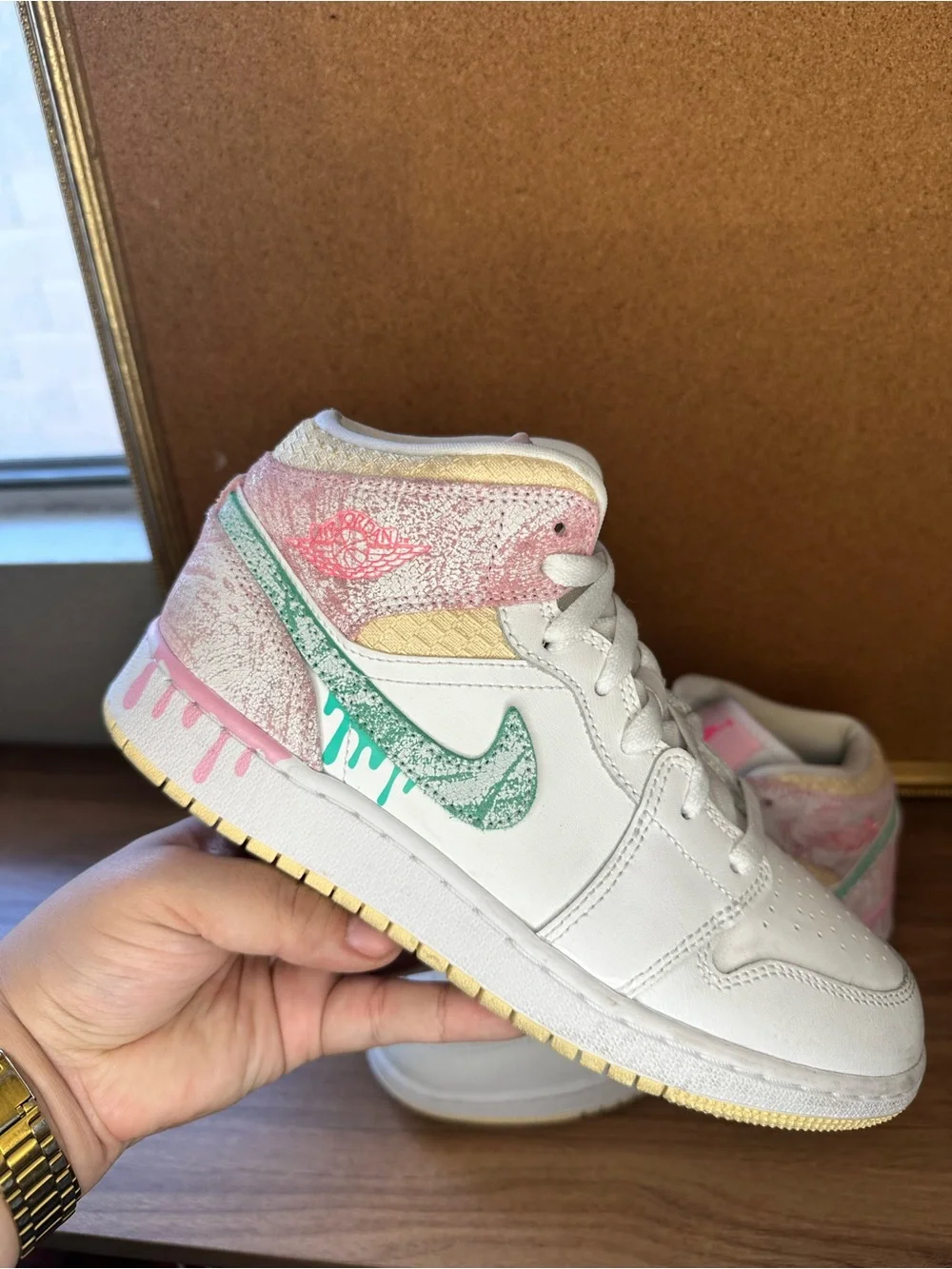 Nike Kids White Pink Teal High-Top Sneakers with Drip Swoosh